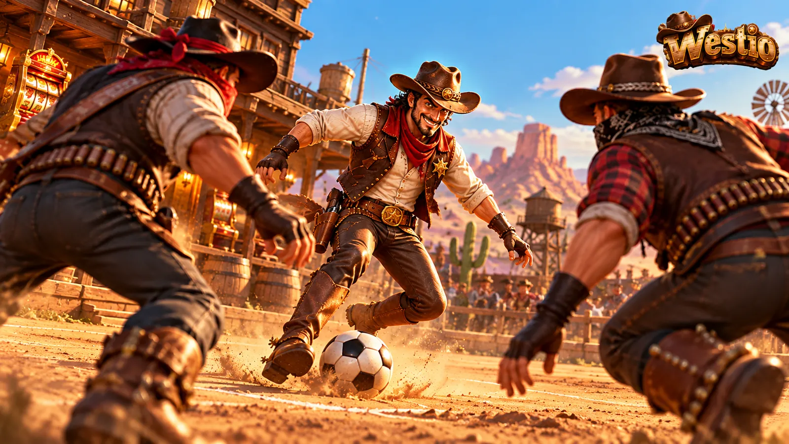 Cowboys spelen voetbal op een stoffige westernstraat