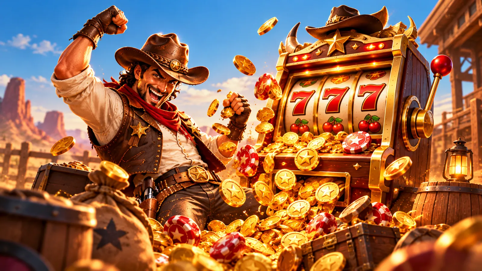 Cowboy juicht bij een slotmachine vol gouden munten